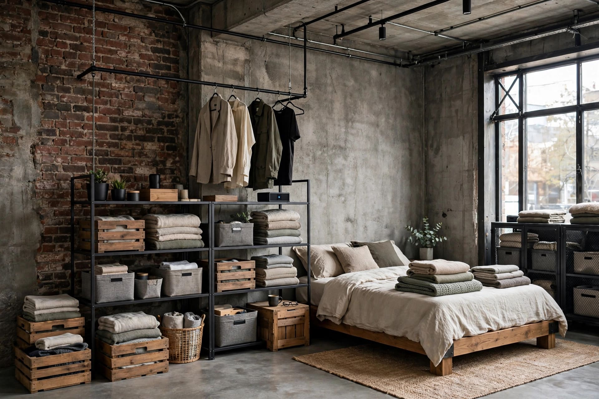 industrial bedroom: open metal shelving used as a wardrobe