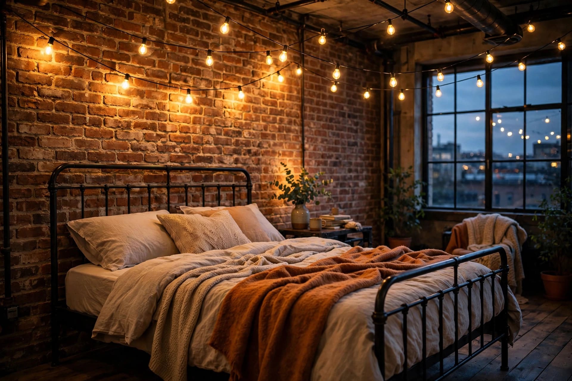 industrial bedroom: moody dark walls with soft layered bedding