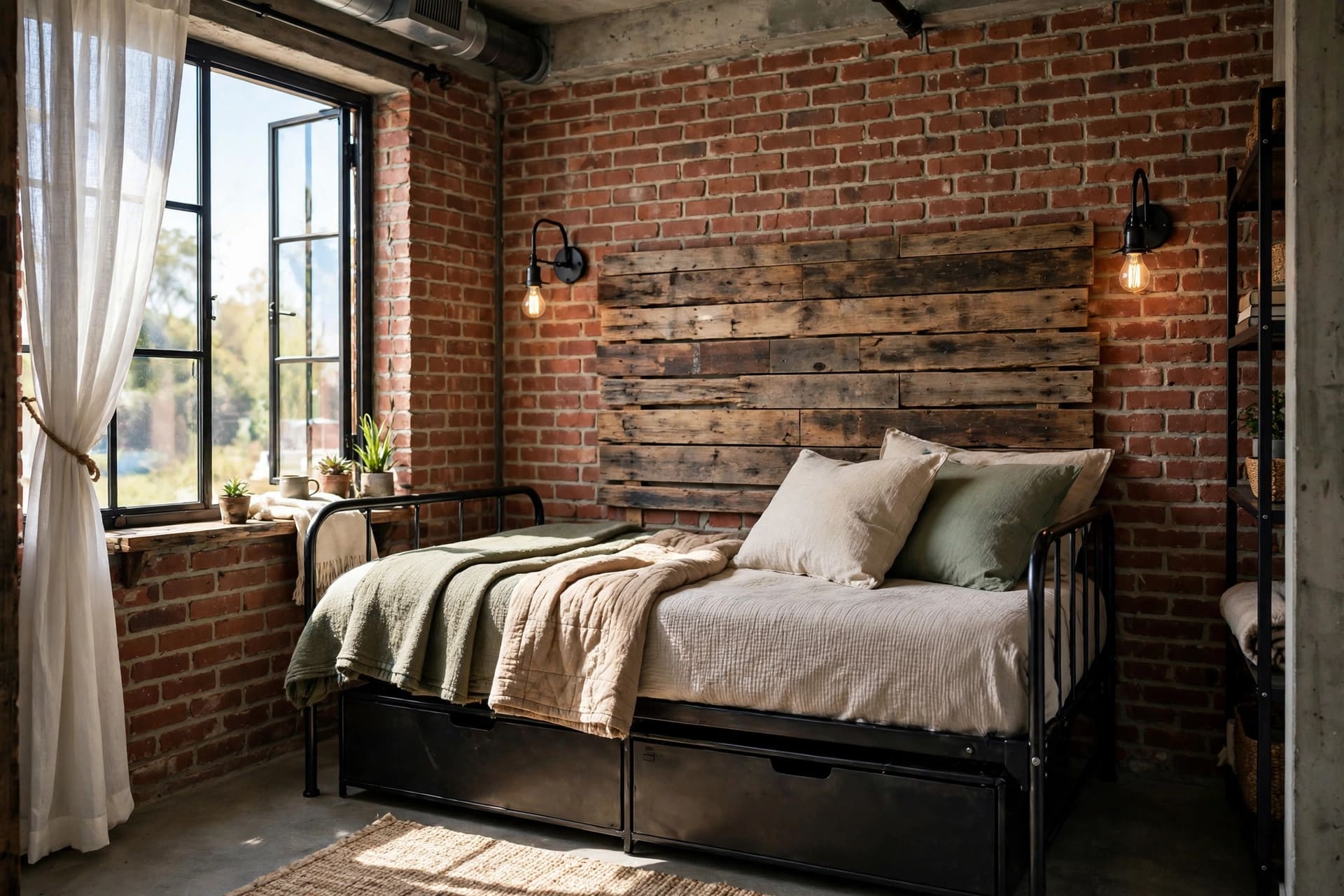 industrial bedroom: factory-style windows and a low platform bed