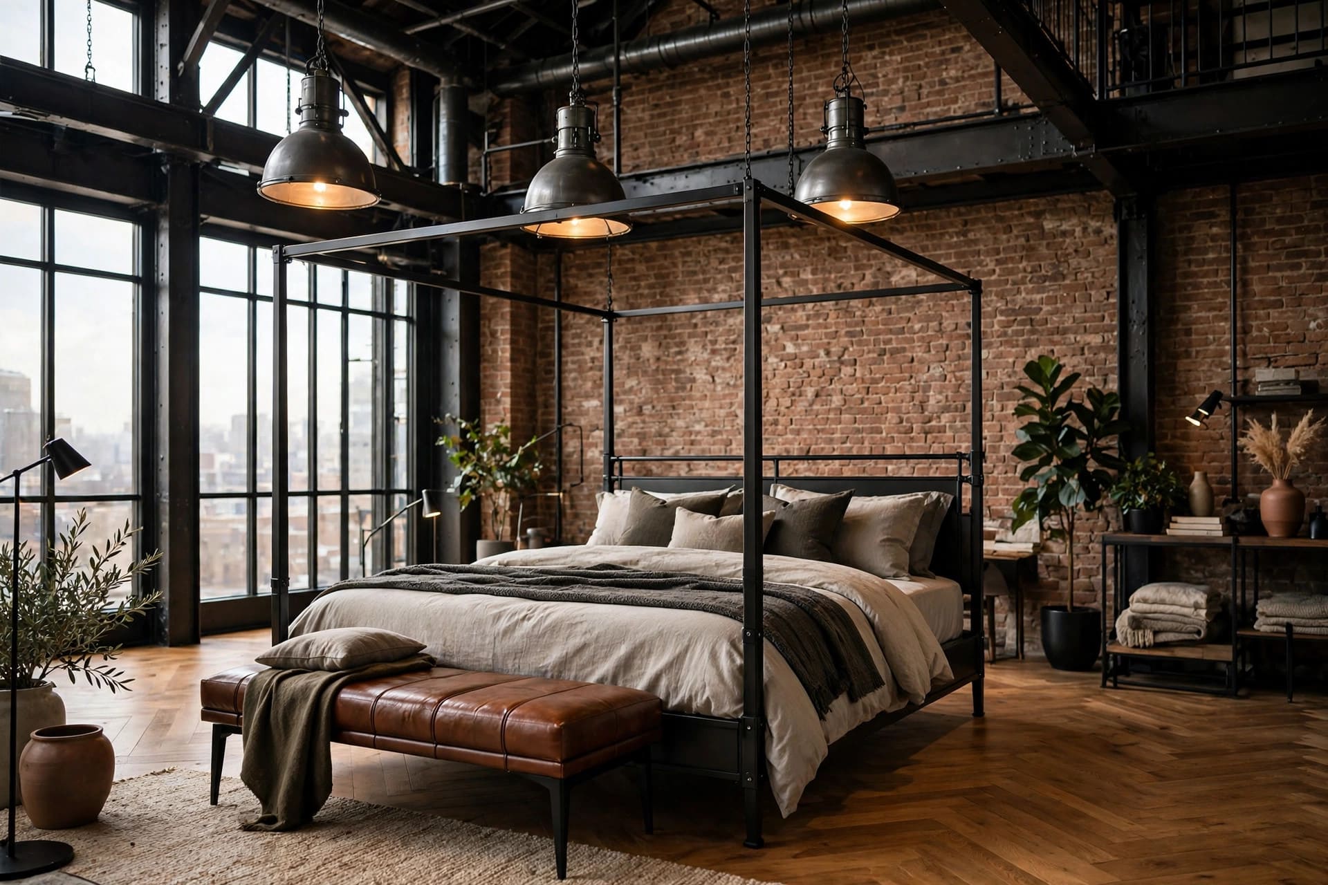 industrial bedroom: pendant lights and reclaimed wood details