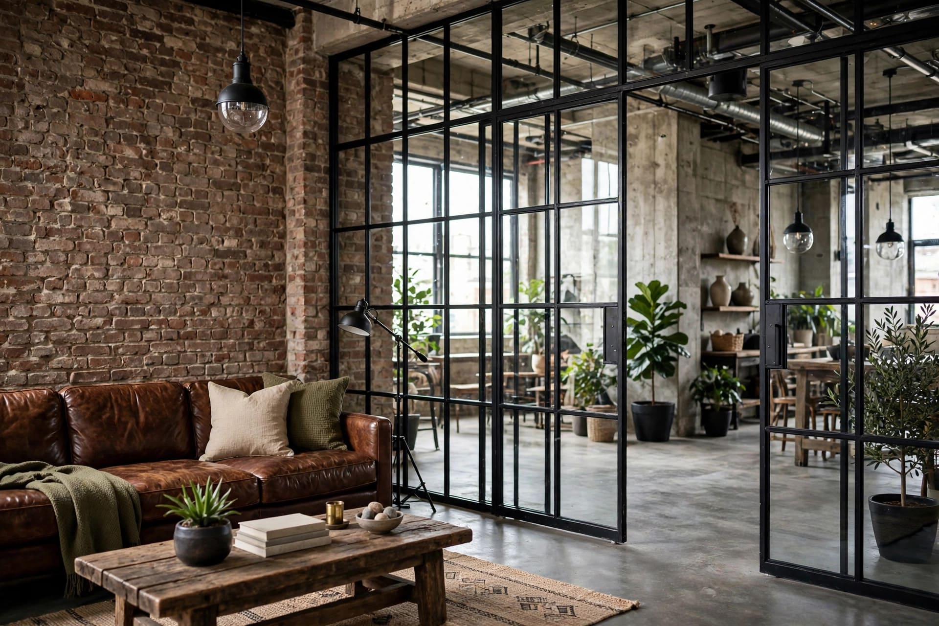 industrial living room: exposed brick wall behind a low sofa
