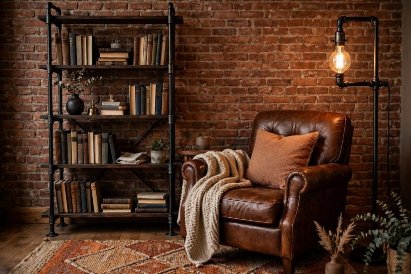 industrial living room: worn leather seating with metal accents