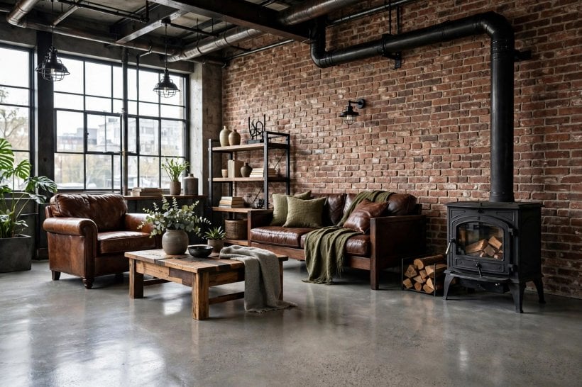 industrial living room: open loft layout with rug-defined zones