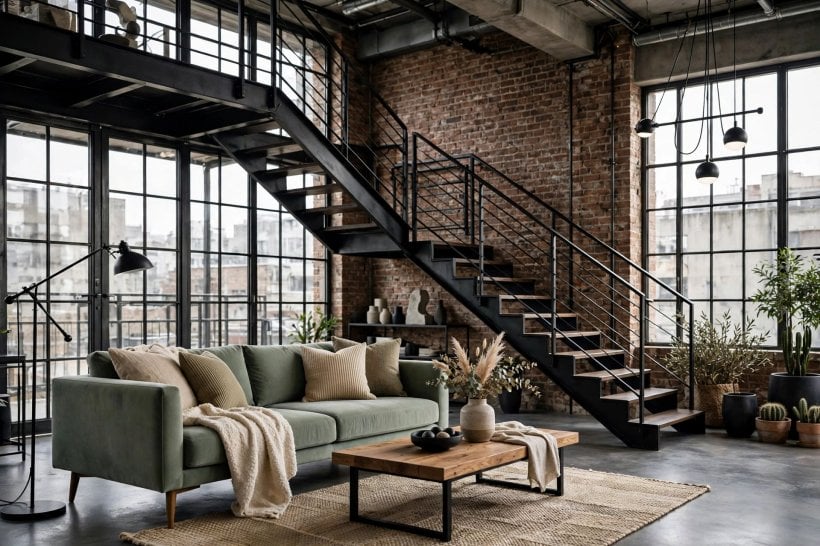 industrial living room: deep charcoal paint beside warm brick