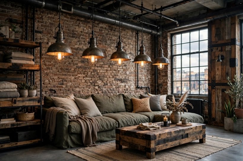 industrial living room: black track lighting and metal pendants