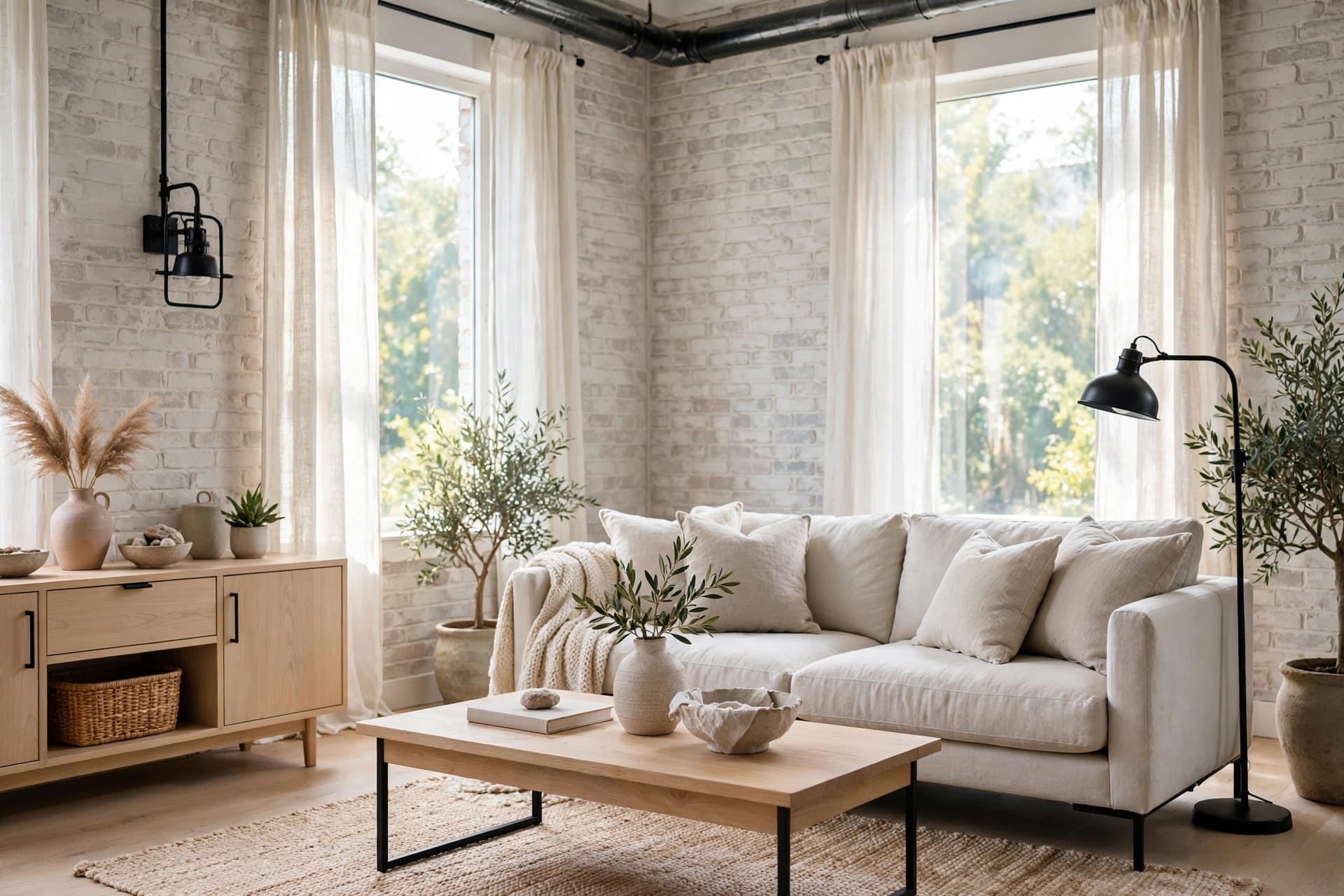 industrial living room: compact seating with black-framed shelves