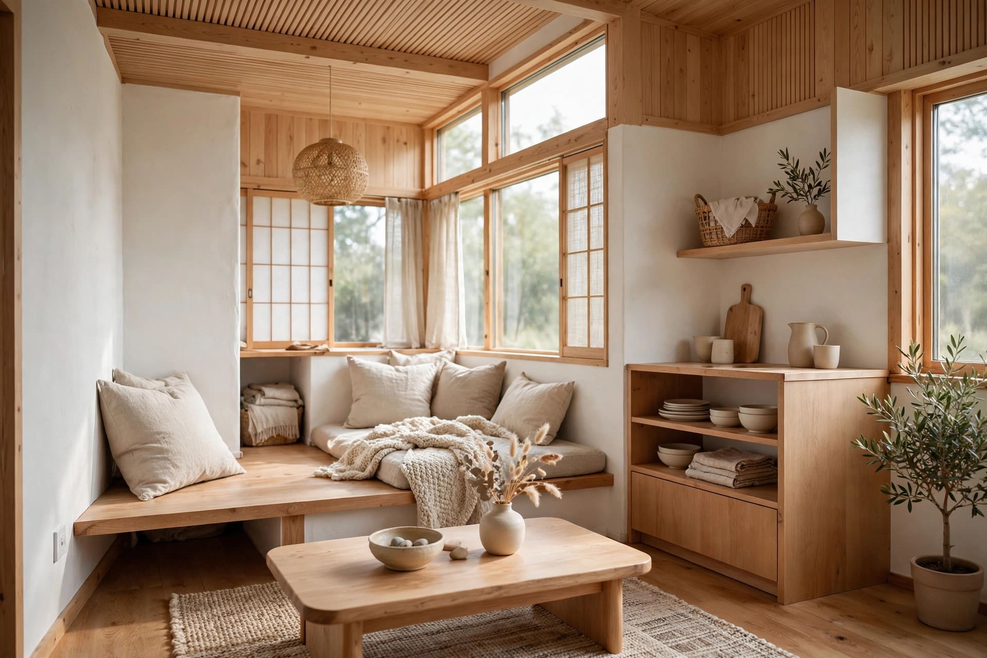 japandi tiny house interior warm white walls pale wood and low clean lined furniture
