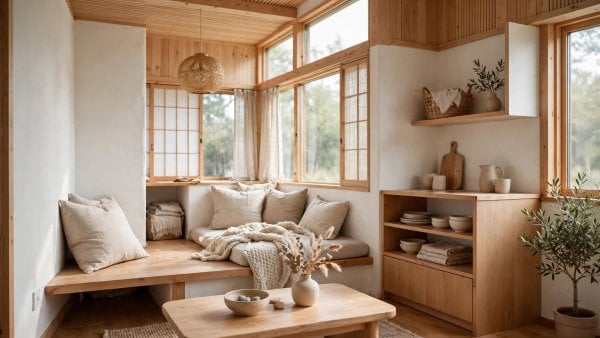 japandi tiny house interior warm white walls pale wood and low clean lined furniture