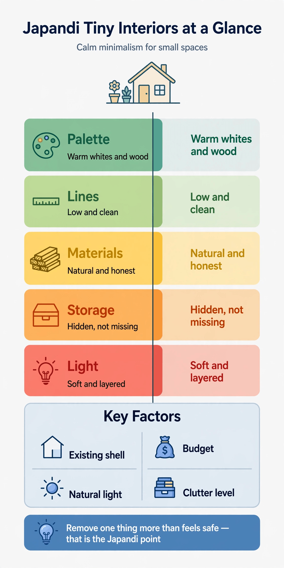japandi tiny house interior summary infographic covering palette natural materials storage and layered light