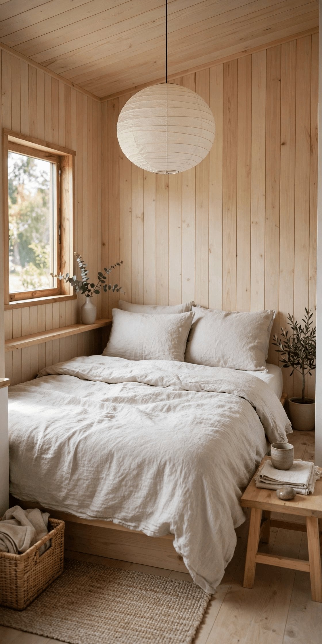 japandi tiny house interior hidden storage and low furniture keeping a small room calm and uncluttered