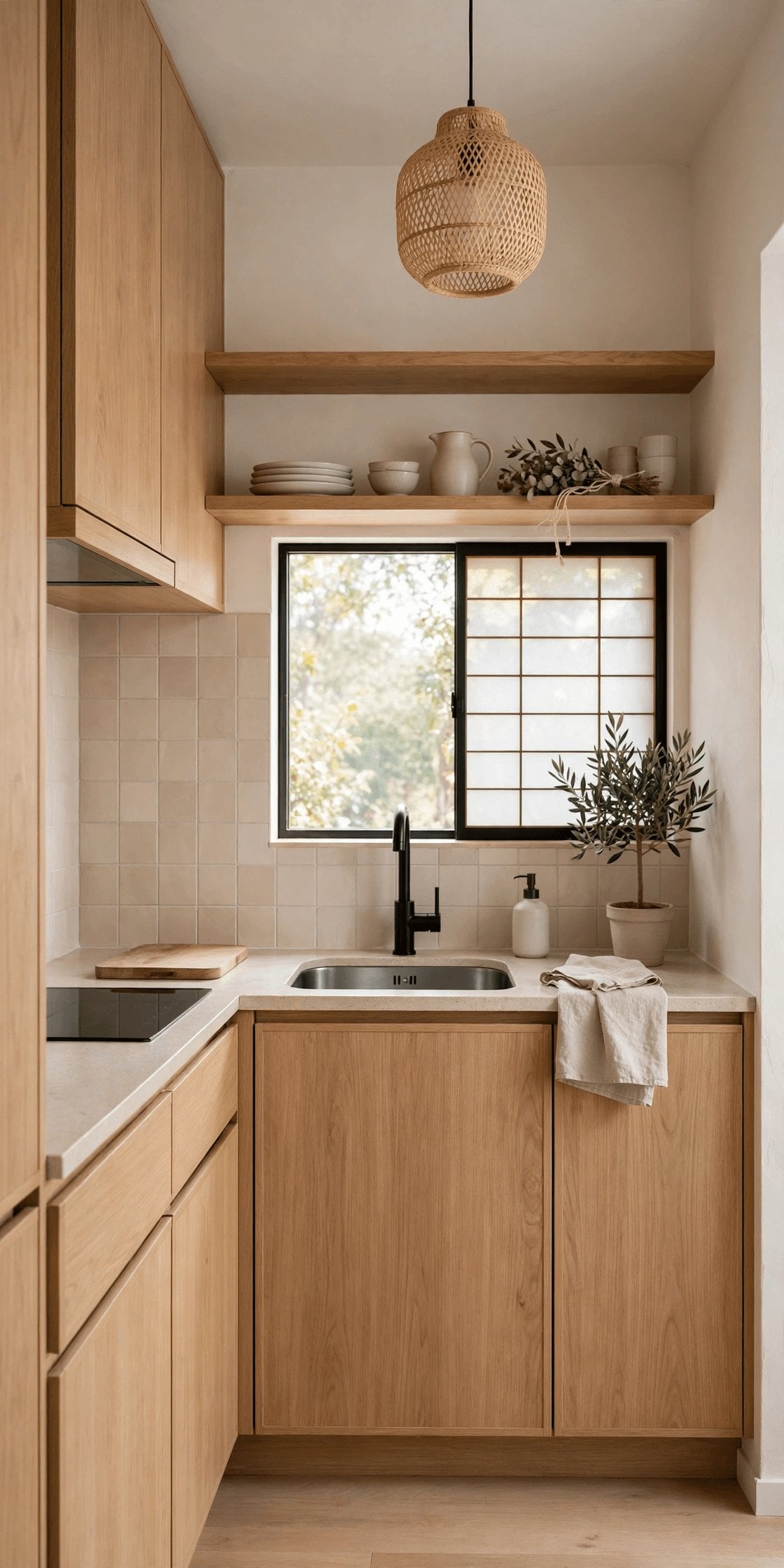 japandi tiny house interior natural materials linen wood and ceramic textures in soft daylight
