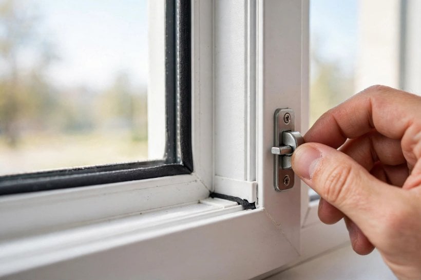 vinyl replacement windows: detail of a welded frame corner and weatherstripping