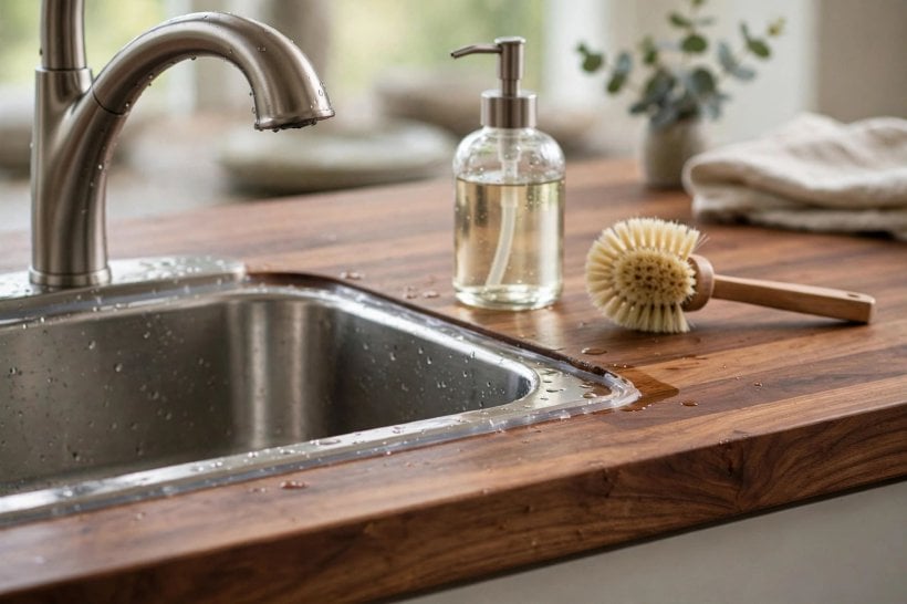 karlby: walnut-look surface detail beside cabinet fronts