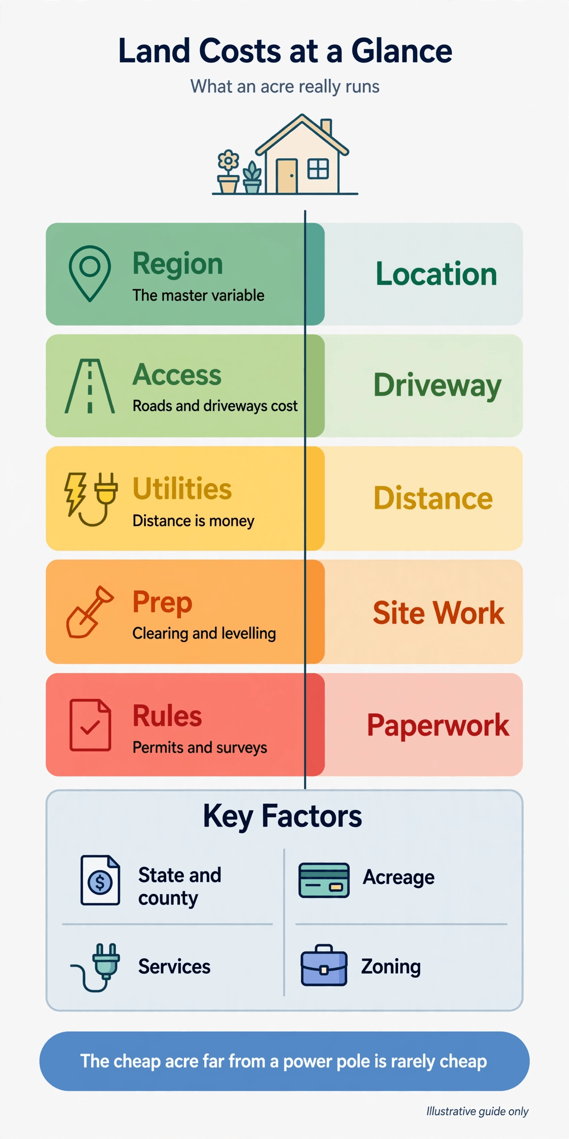 land cost tiny house infographic listing region, access, utilities, clearing and permits