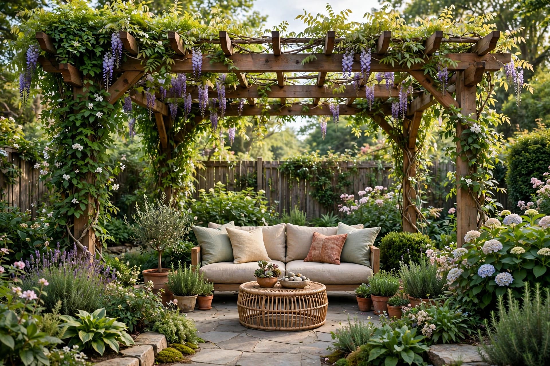 landscaping ideas: curved stone path through cottage-style borders