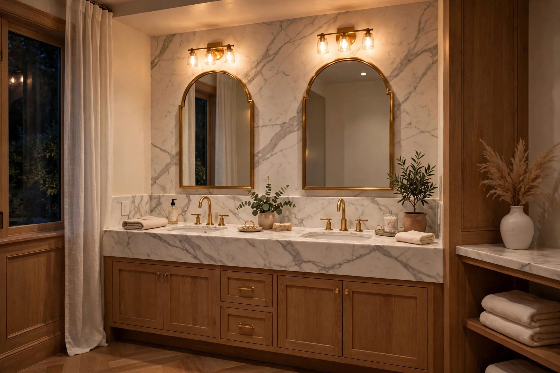 large bathroom: double vanity with twin mirrors and warm lighting
