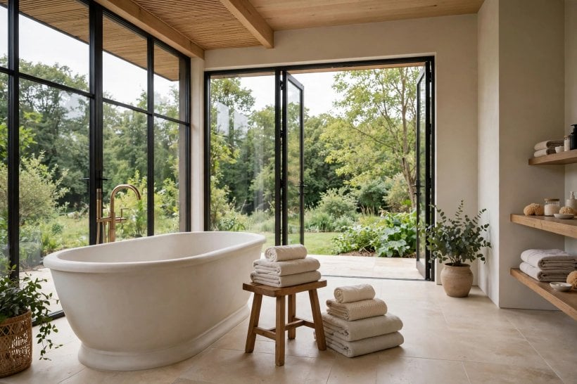 large bathroom: walk-in shower with bench and rainfall head
