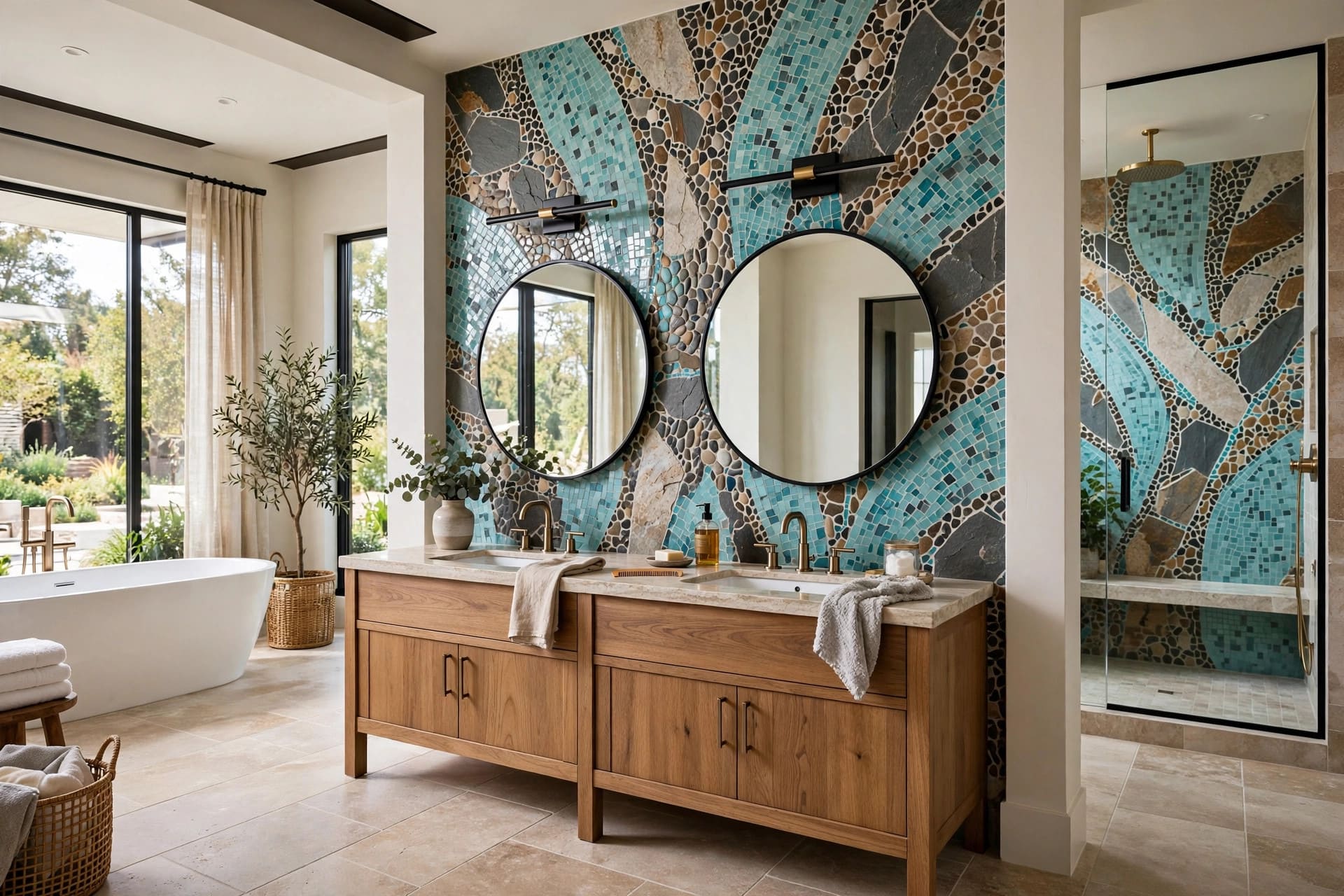 large bathroom: layered lighting over a wide mirror