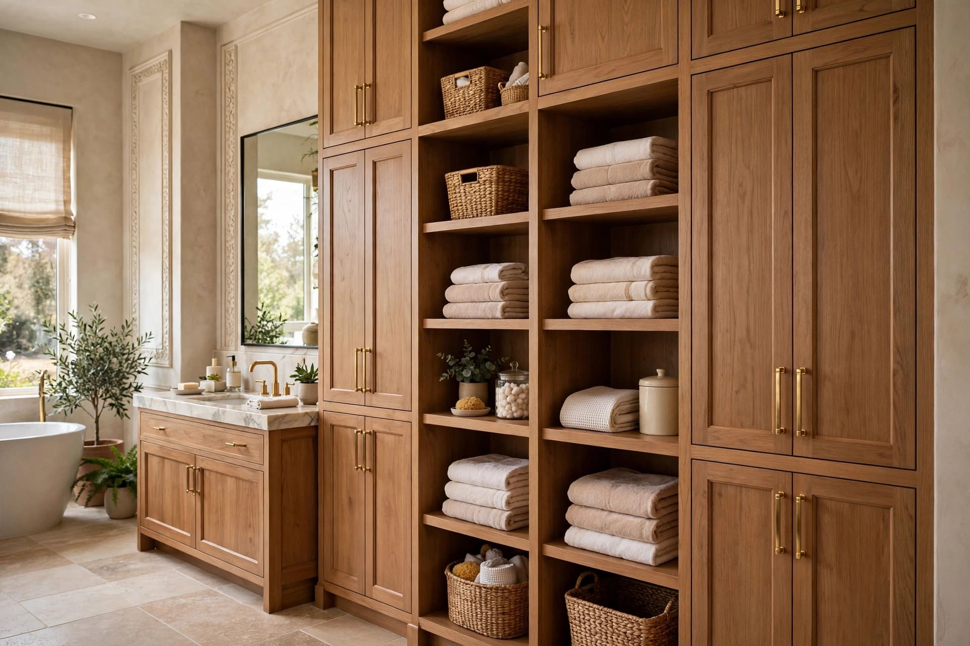 large bathroom: calm neutral palette with timber accents
