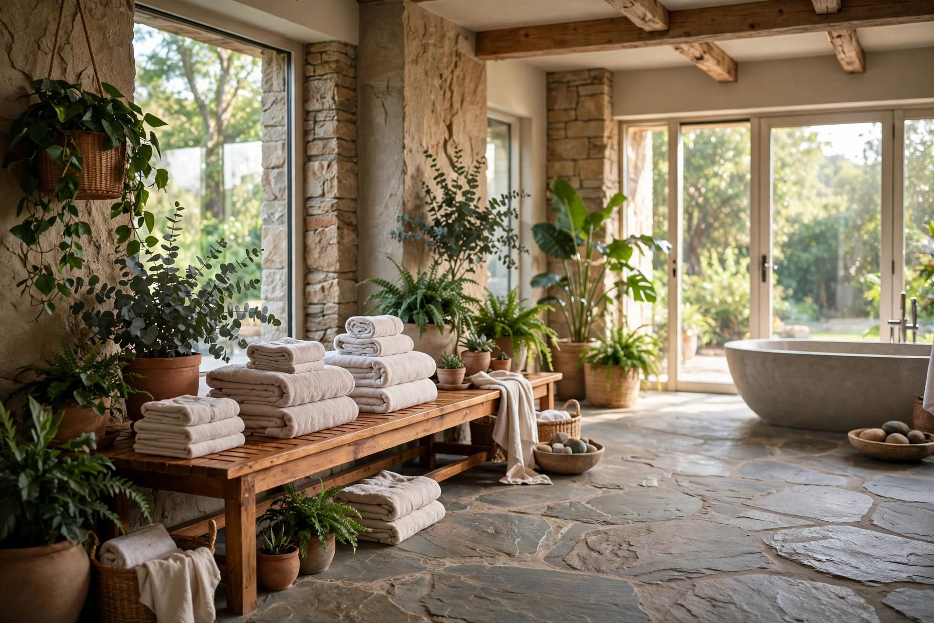 large bathroom: styled towels, plants and a bath caddy