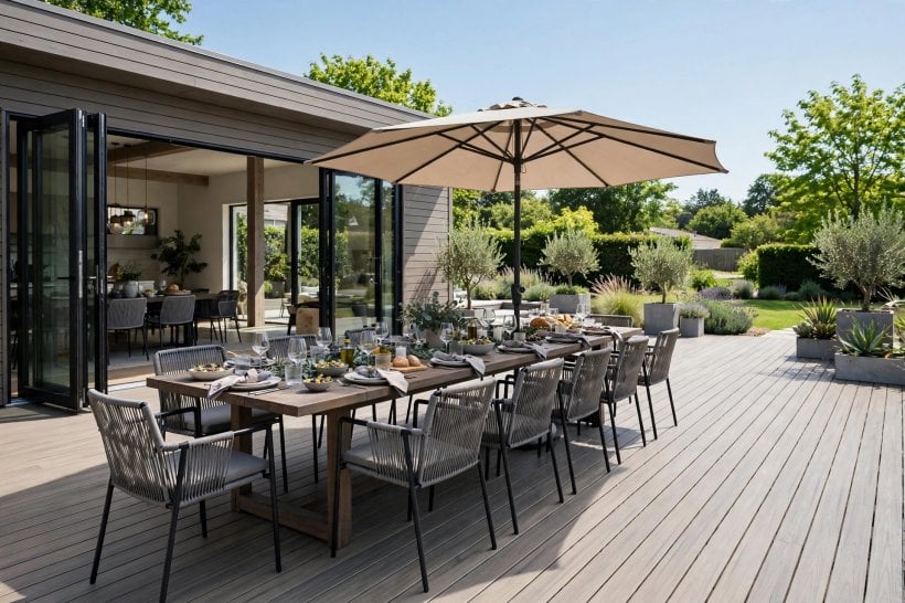 long decks: wide deck laid out in dining and lounging zones with a clear walkway
