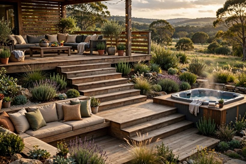 long decks: deck boards in warm timber tones running the length of the deck