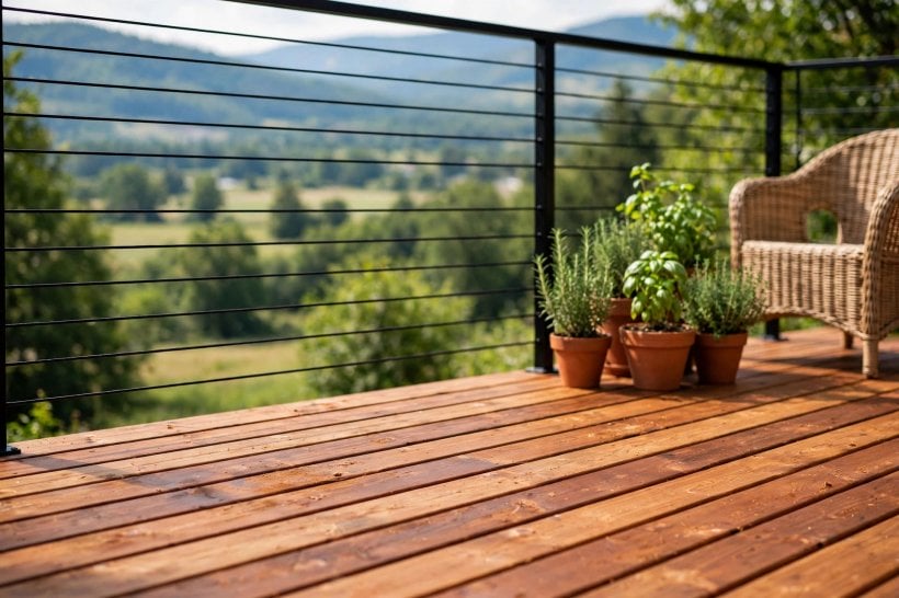 long decks: sturdy deck edge showing boards, trim and planting at ground level