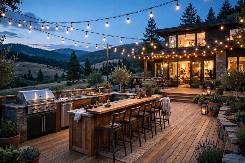 long decks: wide steps and soft lighting guiding movement across the deck at dusk
