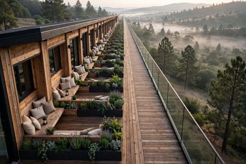 long decks: furnished deck with seating, planters and space to move between zones