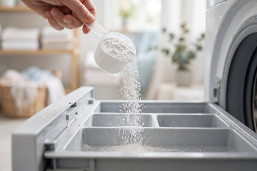 oxiclean vs borax: scoops of laundry booster powders beside a washing machine