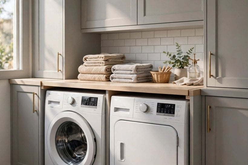 laundry room dimensions: side-by-side machines under a folding counter