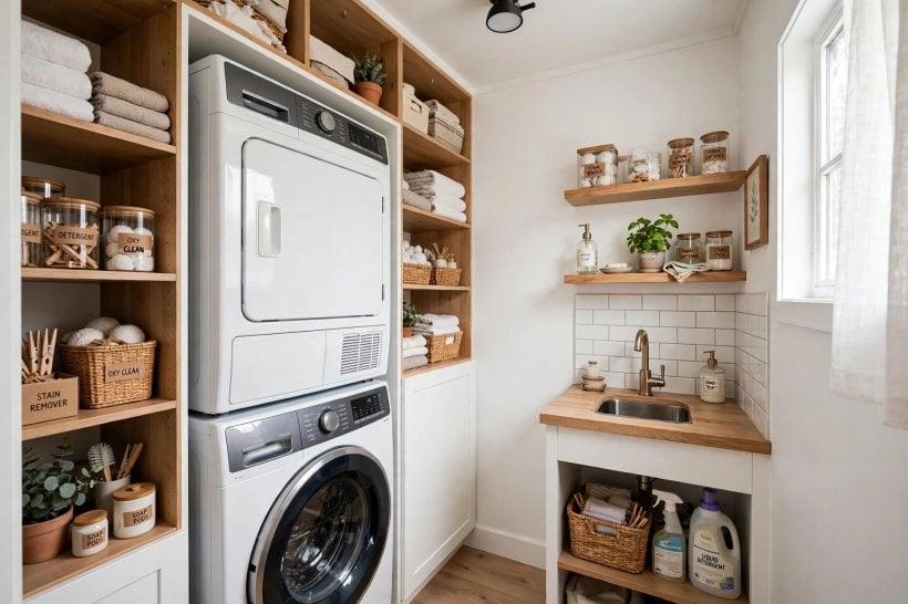 laundry room dimensions: stacked washer and dryer in a tall closet