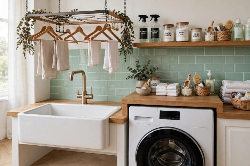 laundry room dimensions: deep utility sink beside the machines