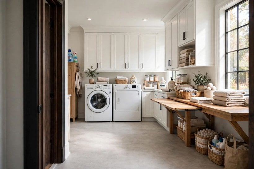 laundry room dimensions: open shelves and labelled baskets above the machines