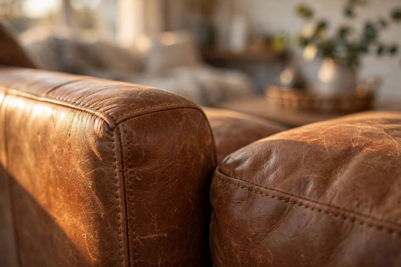 leather sofa buying guide: close look at leather grain, finish and colour on a sofa arm