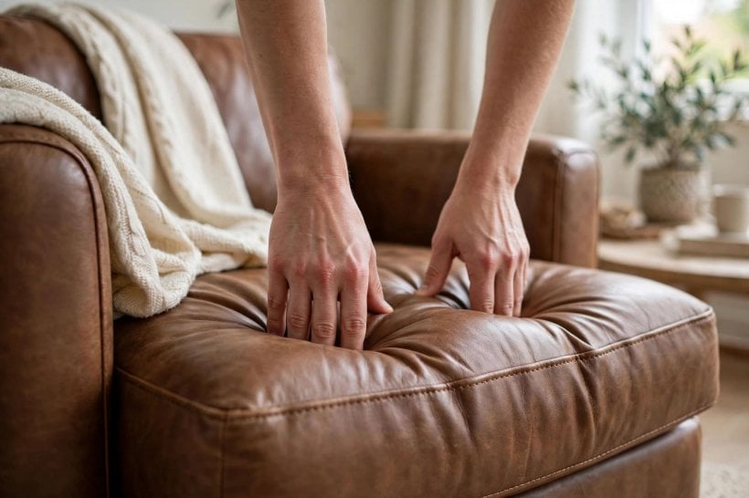 leather sofa buying guide: leather swatches checked against flooring and wall colour in daylight
