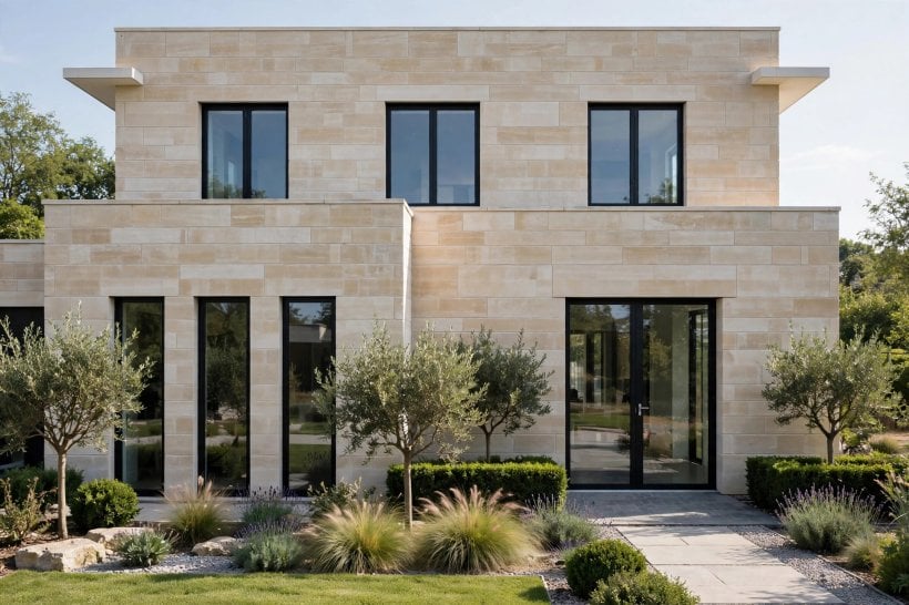 limestone modern house: pale stone facade with dark framed windows