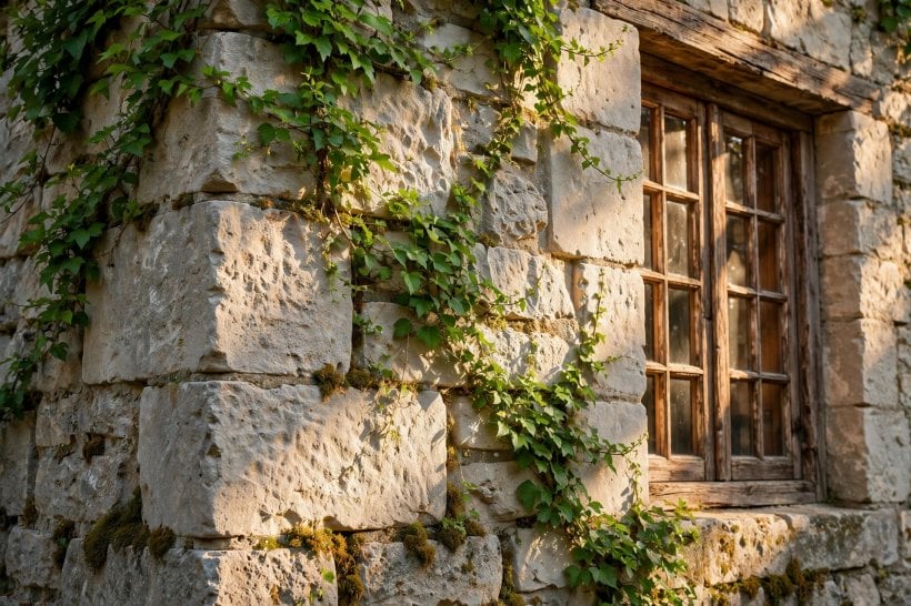 limestone modern house: honey coloured stone with a deep green door