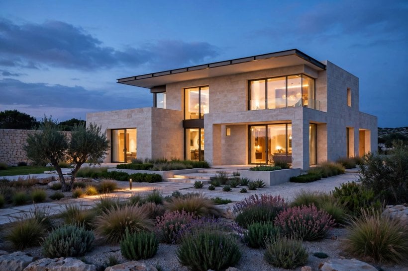 limestone modern house: stone walls and planting in the front garden