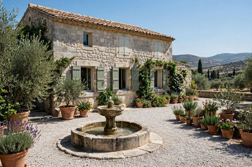 limestone modern house: glazed extension beside an older stone wall