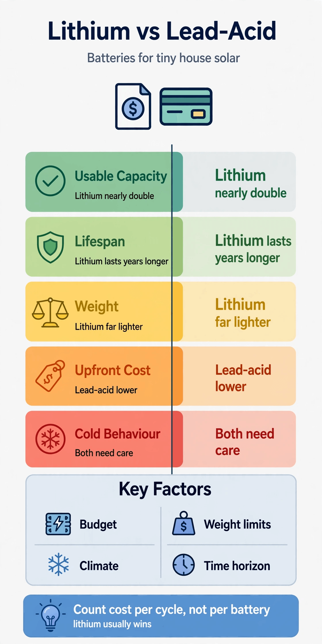 lithium vs lead acid tiny house solar at a glance infographic comparing capacity lifespan weight cost and cold behaviour