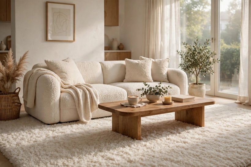 living room carpet: warm greige tones under a pale sofa