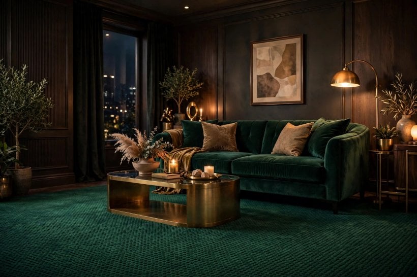 living room carpet: a generous rug with all seating legs gathered on it