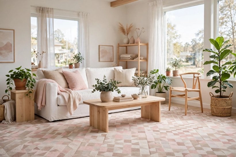 living room carpet: a patterned rug layered over a plain fitted base