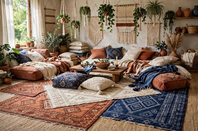 living room carpet: a pale, low-pile rug making a small lounge feel larger