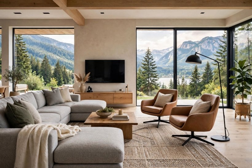 living room arrangements with tv: sofa facing the screen with armchairs angled in at the ends