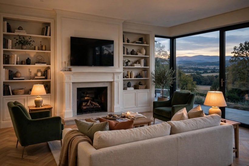 living room arrangements with tv: L-shaped sectional arranged around a low media unit