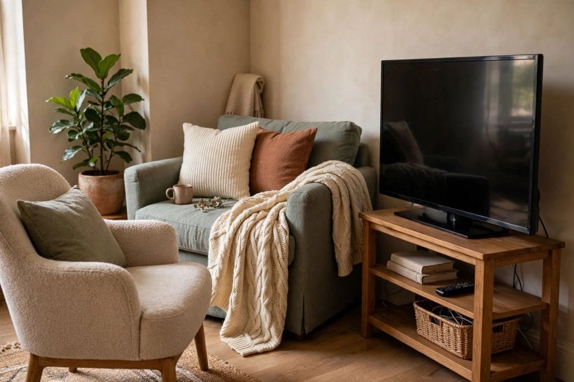 living room arrangements with tv: corner layout with the television angled across two walls