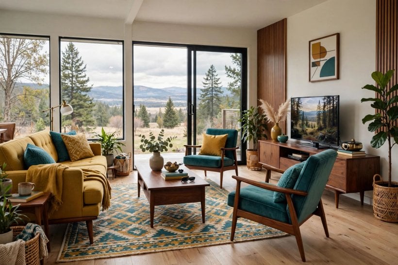 living room arrangements with tv: swivel chairs that turn between the screen and the seating group
