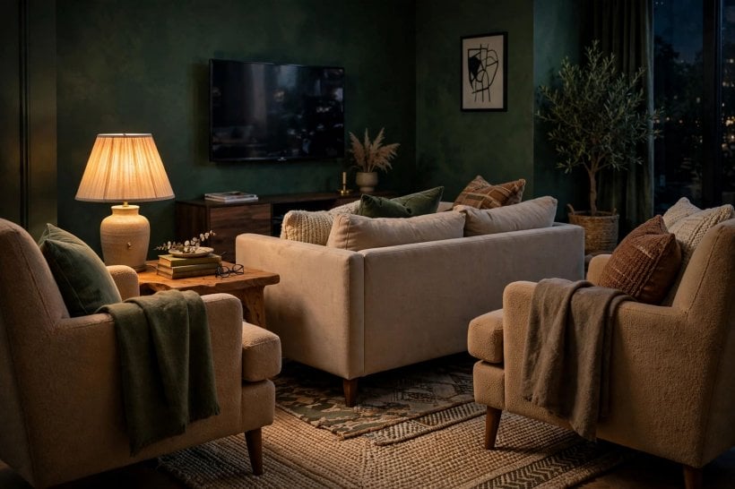 living room arrangements with tv: balanced layout with the screen at a comfortable viewing height